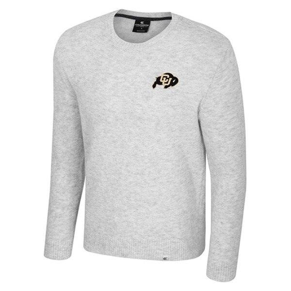 Light gray CU Boulder boatneck sweater with embroidered Buffalo logo on chest, long sleeves, and ribbed cuffs